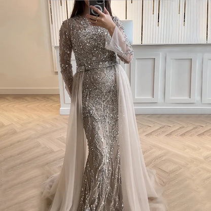 Luxury Dubai Turquoise Beaded Evening Dress with Tulle LA72601 - SERENE HILL