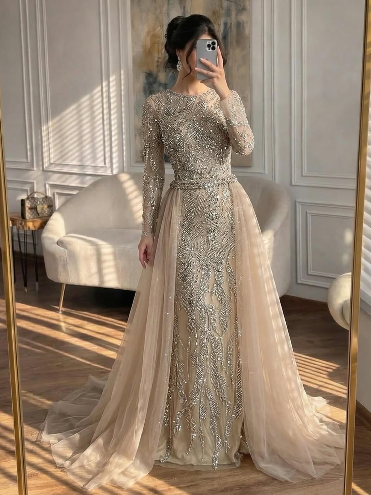 Luxury Dubai Turquoise Beaded Evening Dress with Tulle LA72601