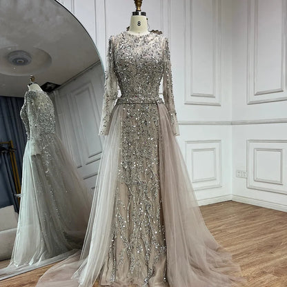 Luxury Dubai Turquoise Beaded Evening Dress with Tulle LA72601 - SERENE HILL