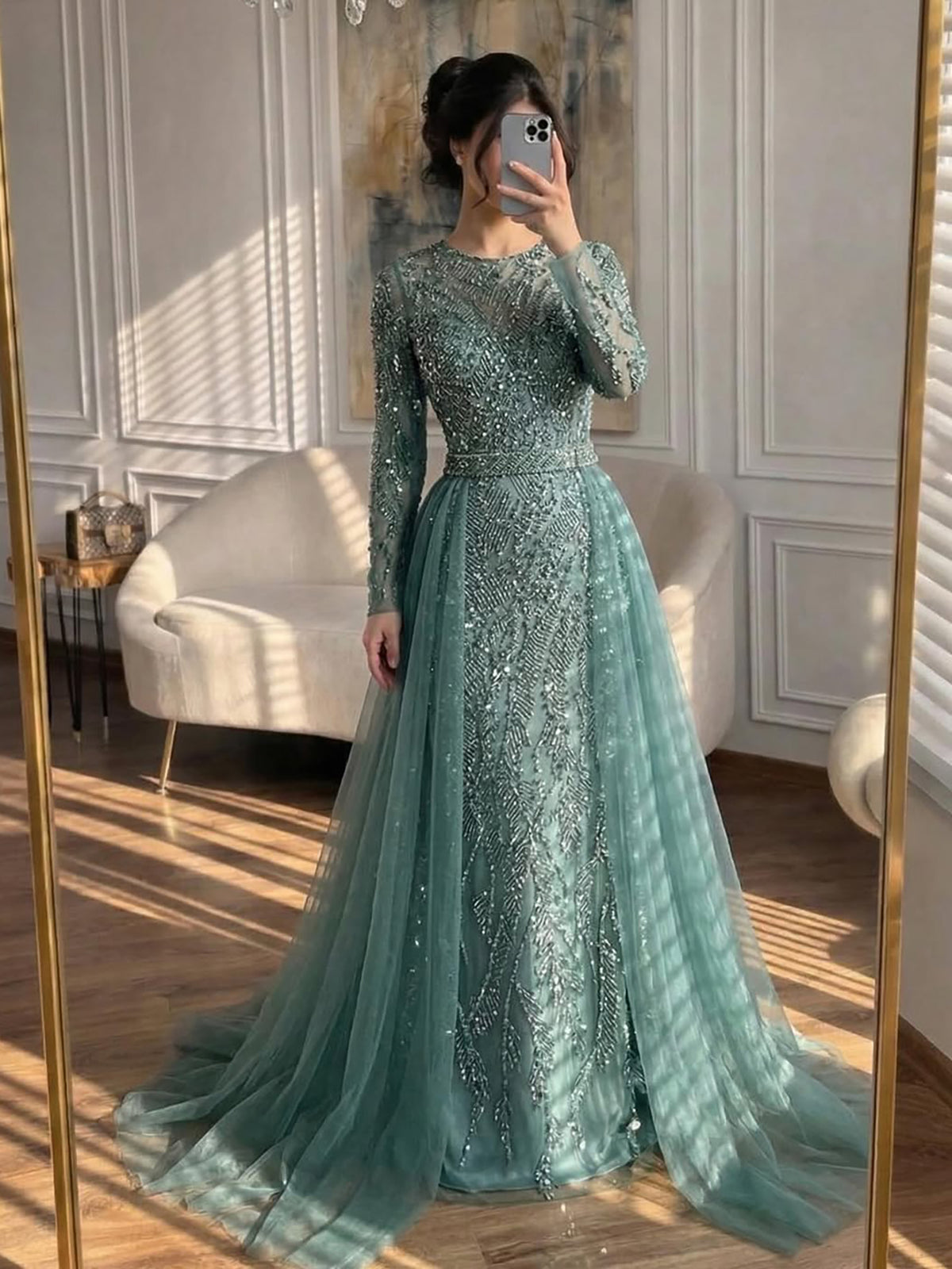 Luxury Dubai Turquoise Beaded Evening Dress with Tulle LA72601