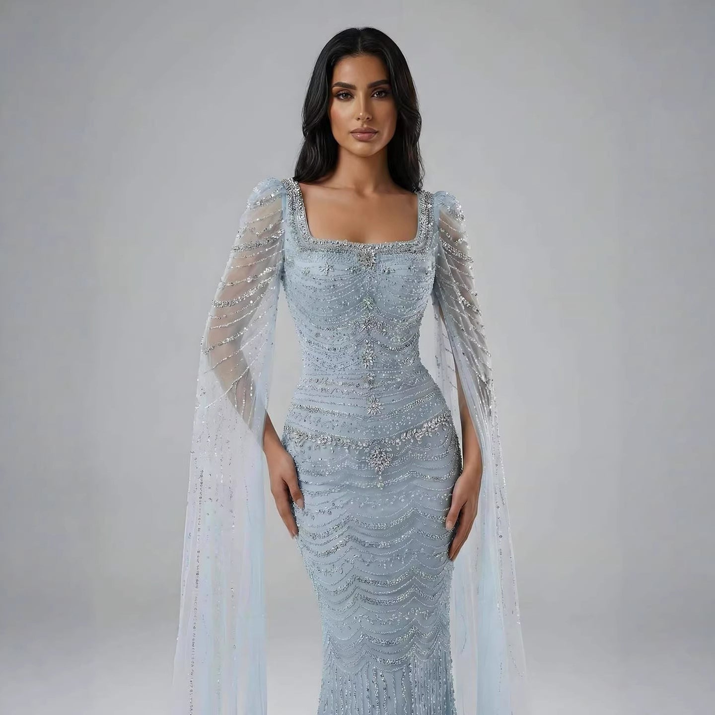 Luxury Beaded Caramel Evening Dress with Cape Sleeve LA72604