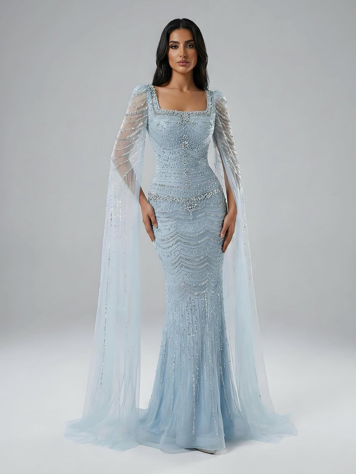 Luxury Beaded Caramel Evening Dress with Cape Sleeve LA72604