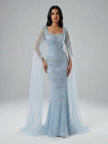 Luxury Beaded Caramel Evening Dress with Cape Sleeve LA72604