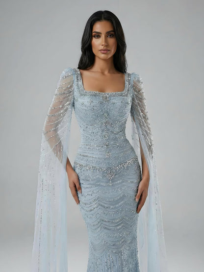 Luxury Beaded Caramel Evening Dress with Cape Sleeve LA72604
