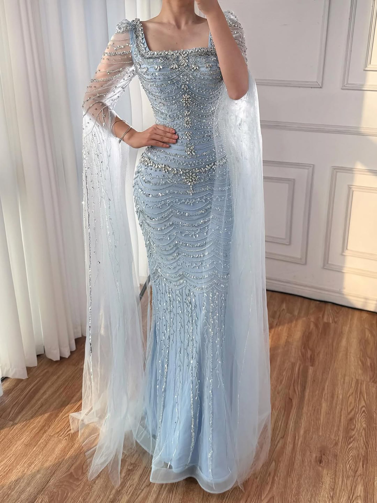Luxury Beaded Caramel Evening Dress with Cape Sleeve LA72604