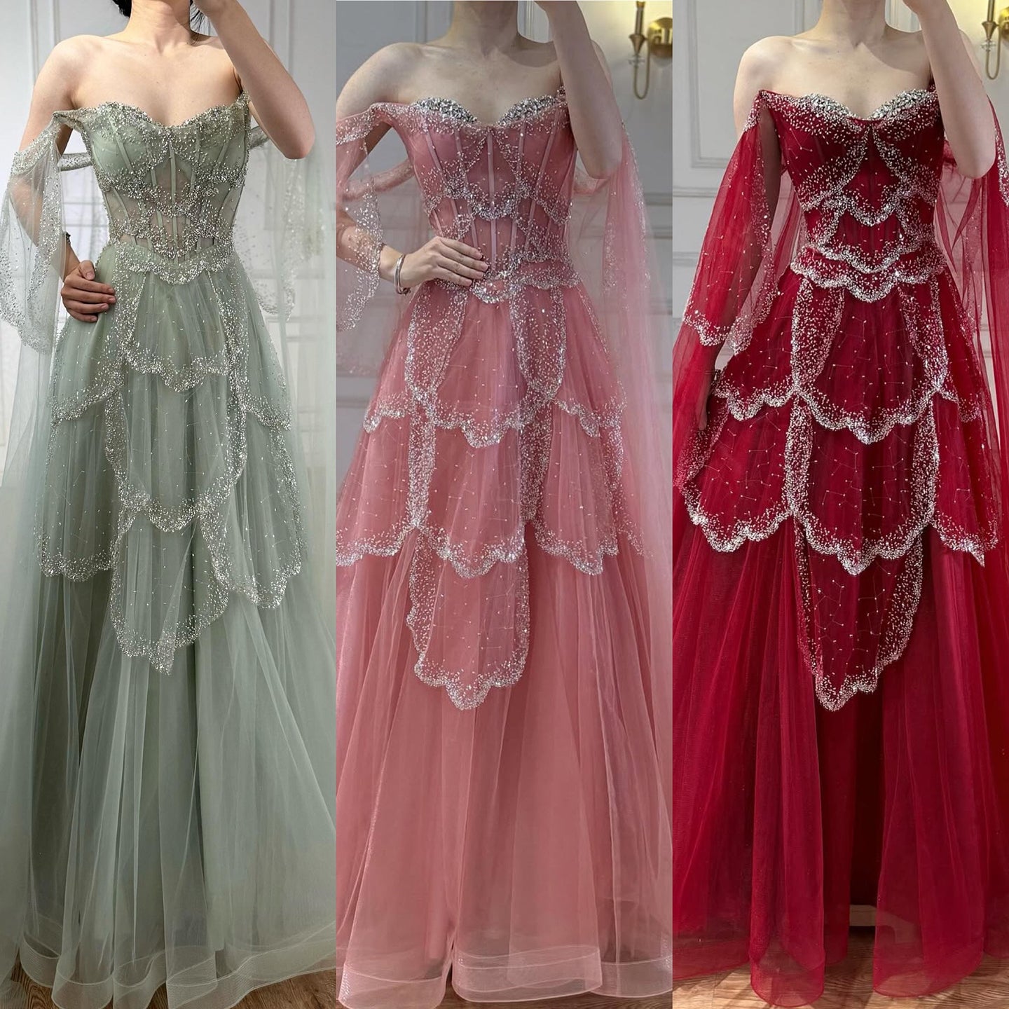 Luxury Arabic Sage Green Beaded A-Line Evening Dress with Cape LA72605A - SERENE  HILL