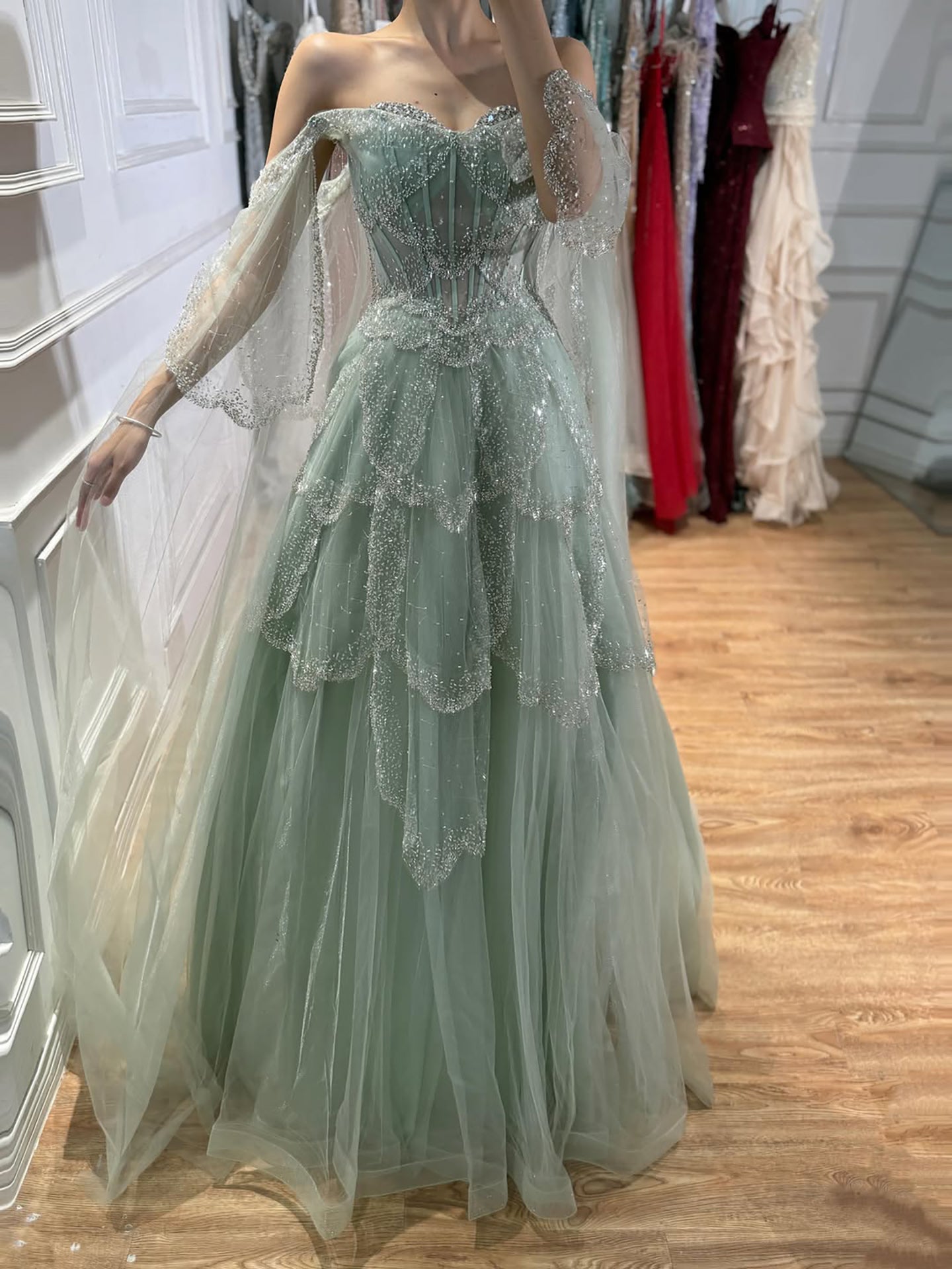 Luxury Arabic Sage Green Beaded A-Line Evening Dress with Cape LA72605A SERENE HILL