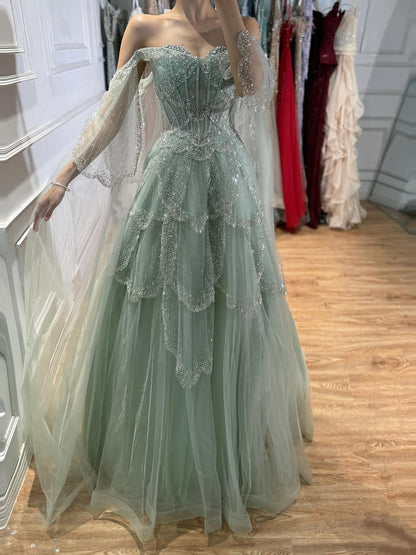 Luxury Arabic Sage Green Beaded A-Line Evening Dress with Cape LA72605A SERENE HILL