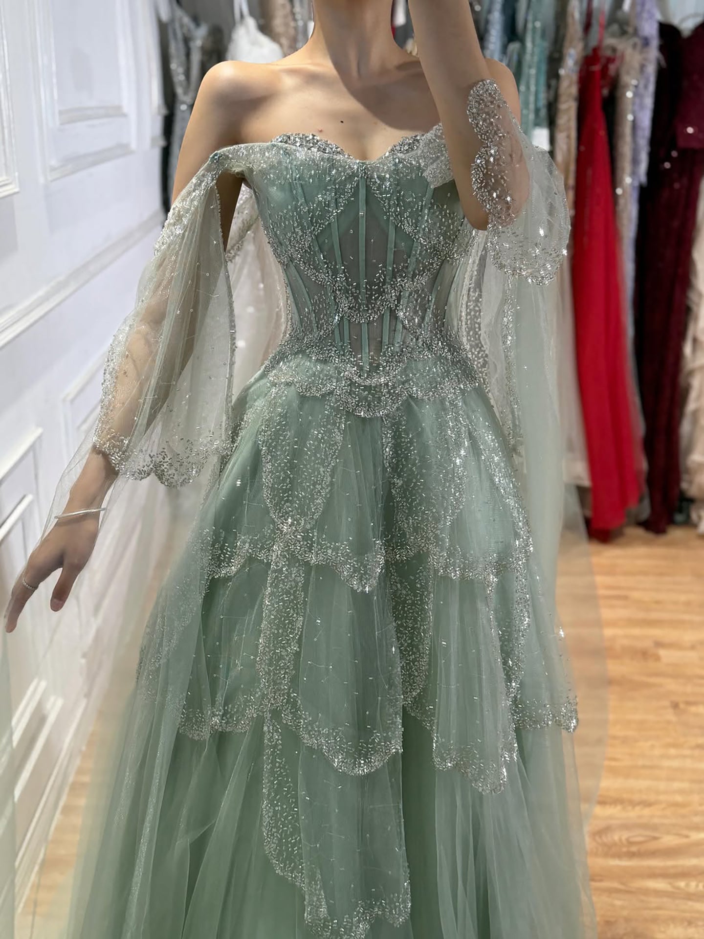 Luxury Arabic Sage Green Beaded A-Line Evening Dress with Cape LA72605A SERENE HILL