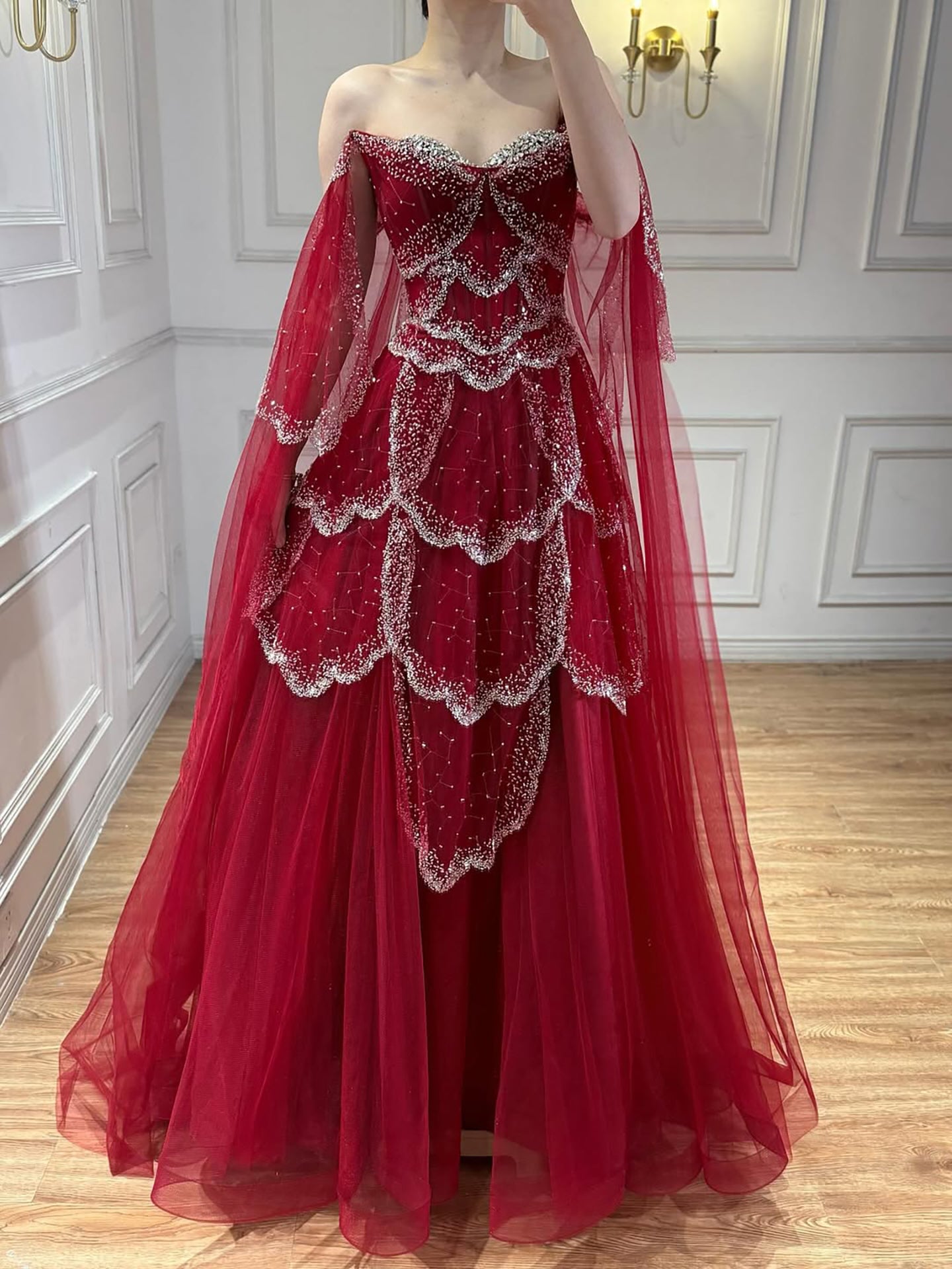 Luxury Arabic Sage Green Beaded A-Line Evening Dress with Cape LA72605A - SERENE  HILL