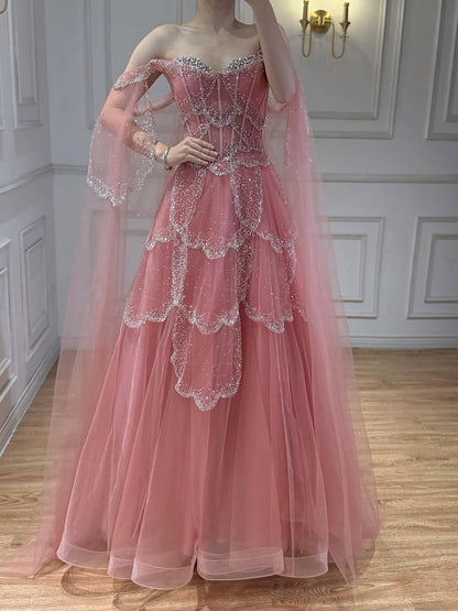 Luxury Arabic Sage Green Beaded A-Line Evening Dress with Cape LA72605A - SERENE  HILL