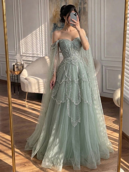 Luxury Arabic Sage Green Beaded A-Line Evening Dress with Cape LA72605A SERENE HILL