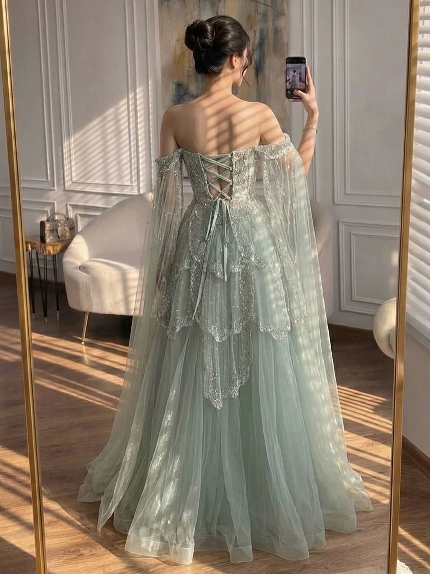 Luxury Arabic Sage Green Beaded A-Line Evening Dress with Cape LA72605A SERENE HILL