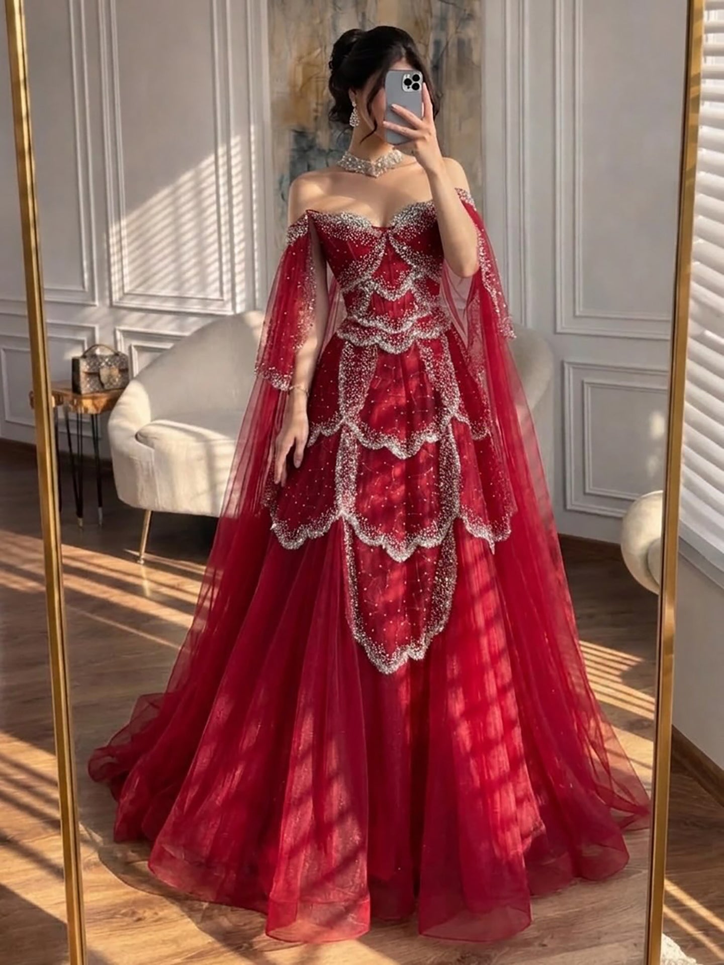 Luxury Arabic Sage Green Beaded A-Line Evening Dress with Cape LA72605A