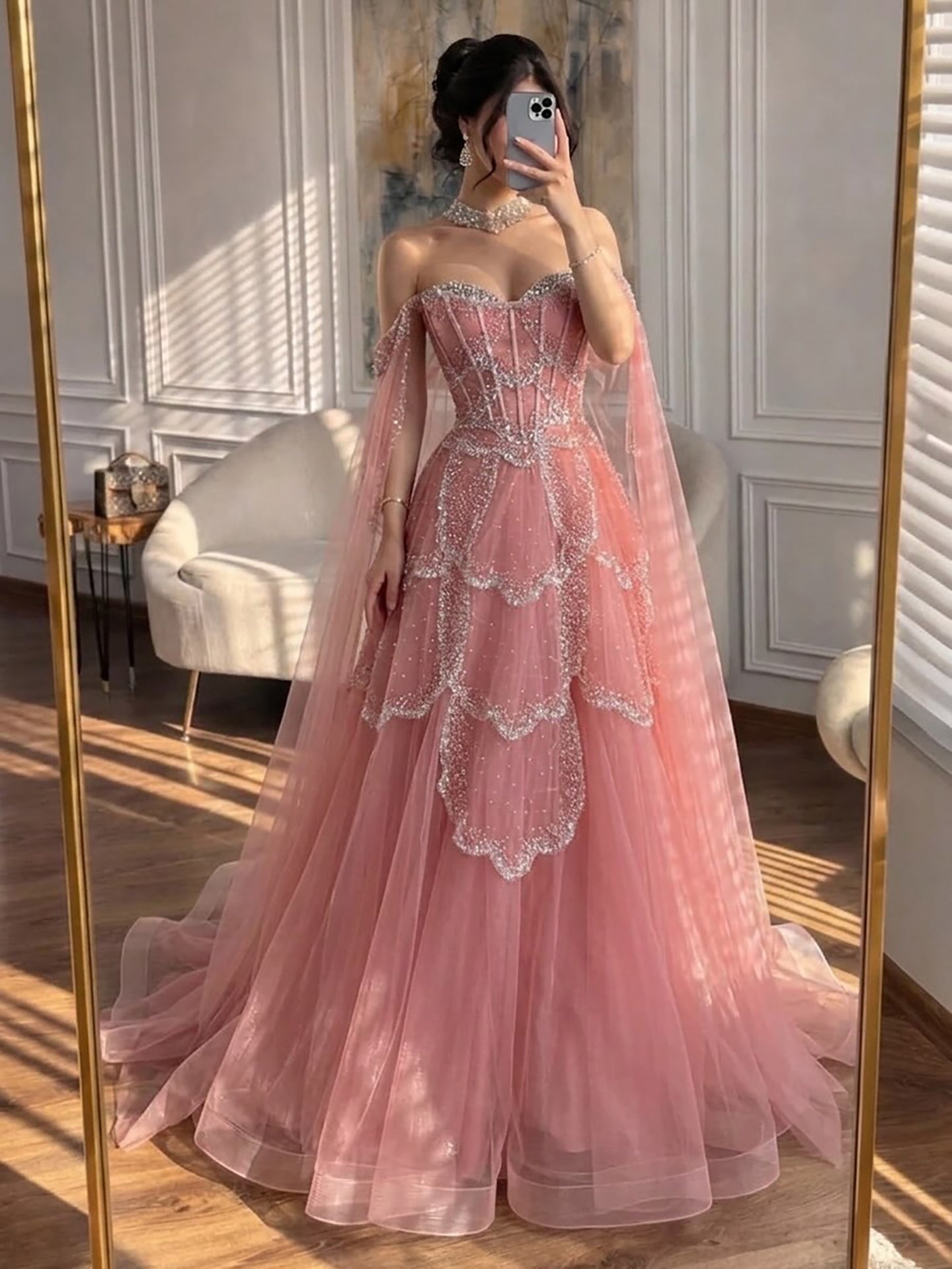 Luxury Arabic Sage Green Beaded A-Line Evening Dress with Cape LA72605A