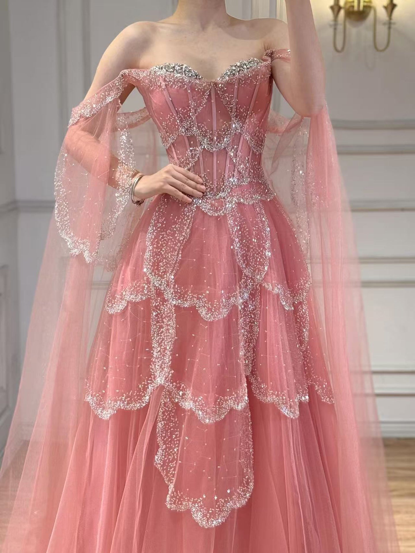 Luxury Arabic Sage Green Beaded A-Line Evening Dress with Cape LA72605A - SERENE  HILL