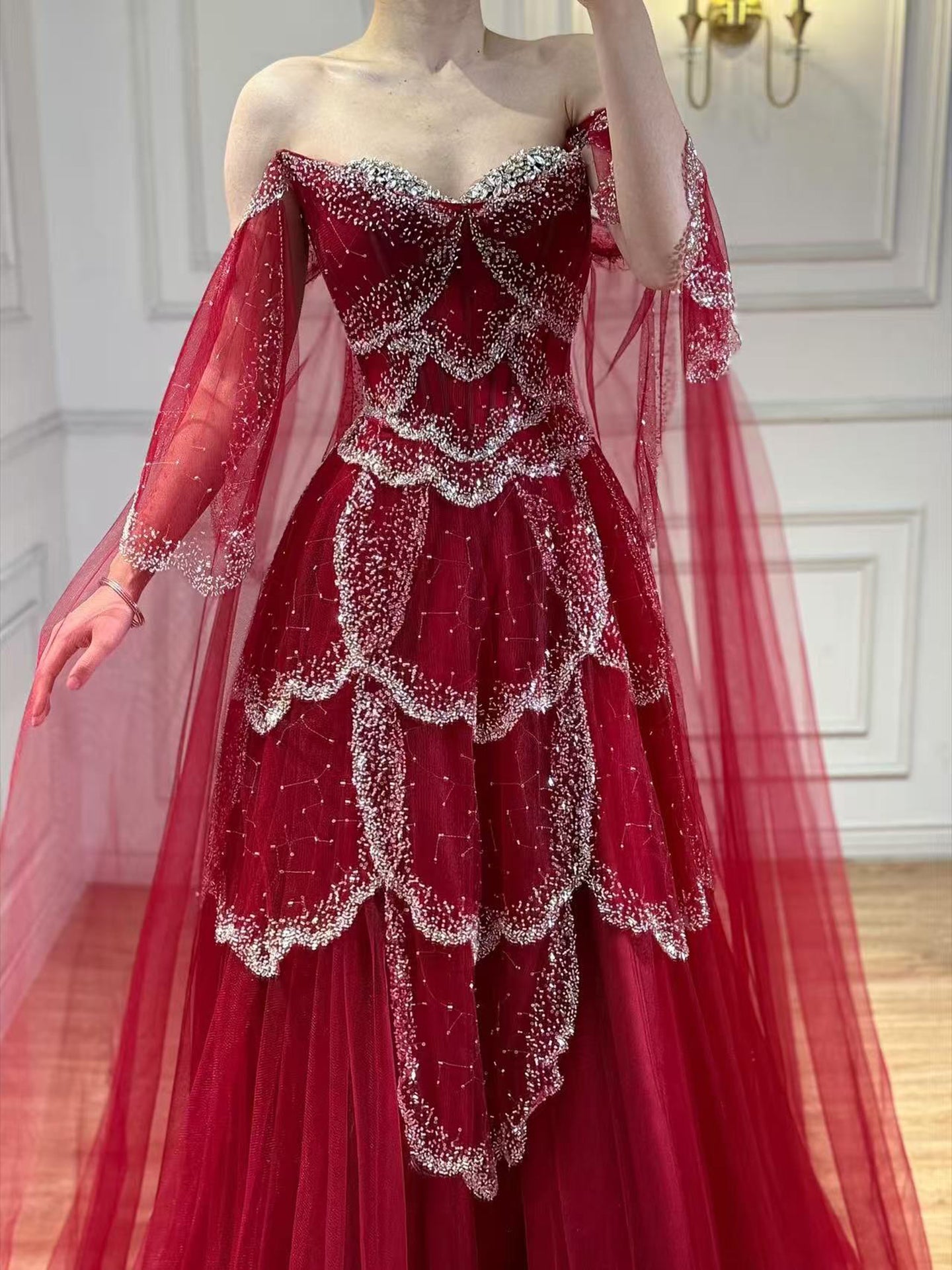 Luxury Arabic Sage Green Beaded A-Line Evening Dress with Cape LA72605A - SERENE  HILL