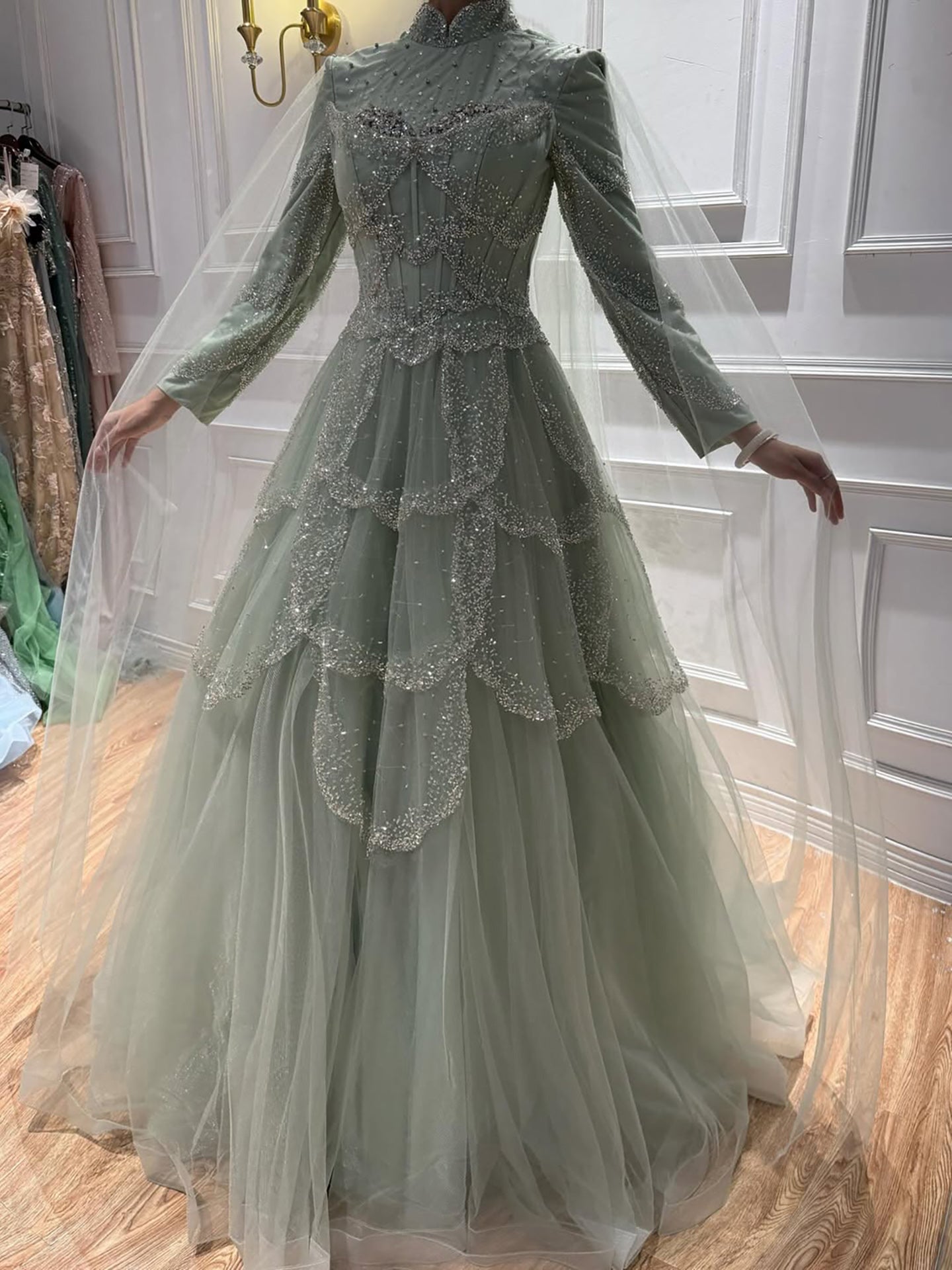 Luxury Sage Green Beaded Evening Dress with Cape LA72605B