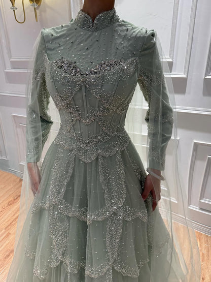 Luxury Sage Green Beaded Evening Dress with Cape LA72605B