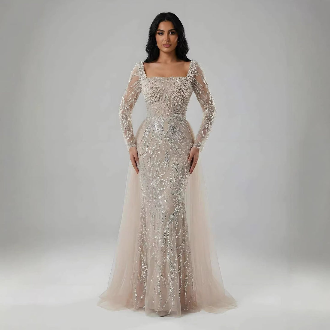 Luxury Saudi Arabic Beige Pearl Beaded Mermaid Evening Dress LA72634B