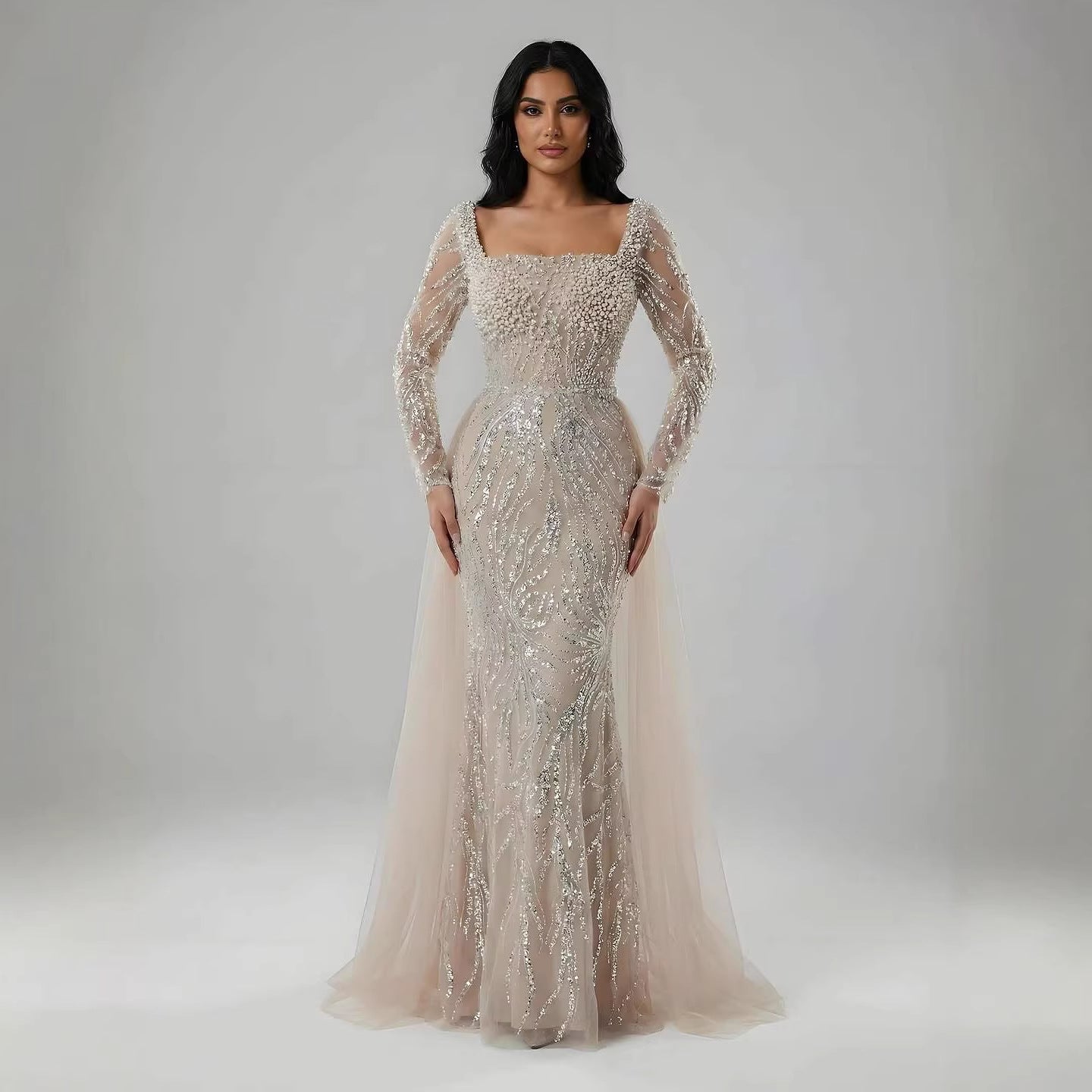 Luxury Saudi Arabic Beige Pearl Beaded Mermaid Evening Dress LA72634B