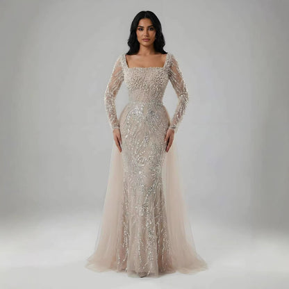 Luxury Saudi Arabic Beige Pearl Beaded Mermaid Evening Dress LA72634B