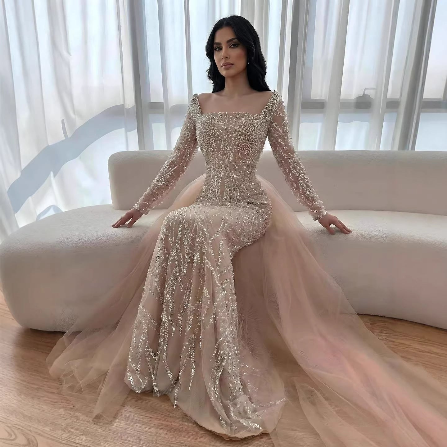 Luxury Saudi Arabic Beige Pearl Beaded Mermaid Evening Dress LA72634B Beige / 14