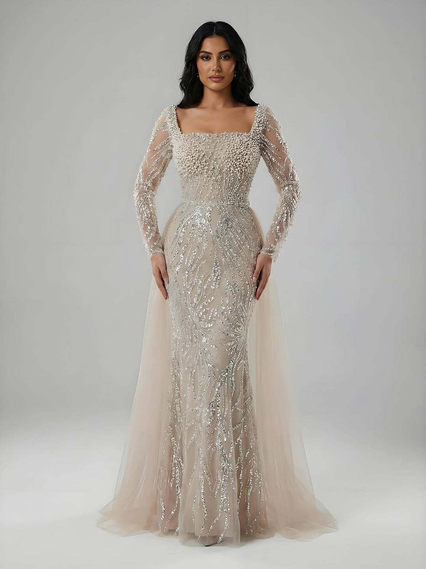 Luxury Saudi Arabic Beige Pearl Beaded Mermaid Evening Dress LA72634B Beige / 14