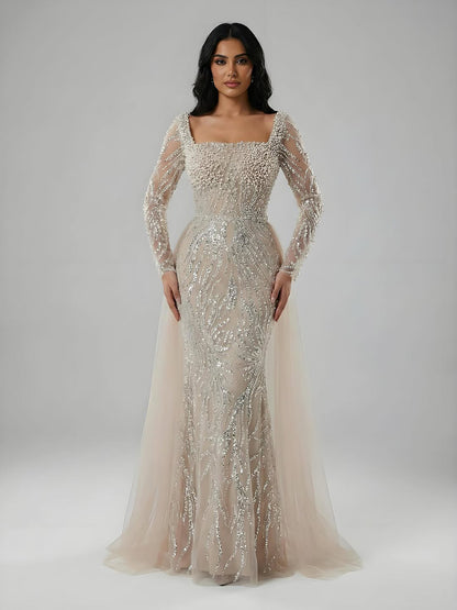 Luxury Saudi Arabic Beige Pearl Beaded Mermaid Evening Dress LA72634B