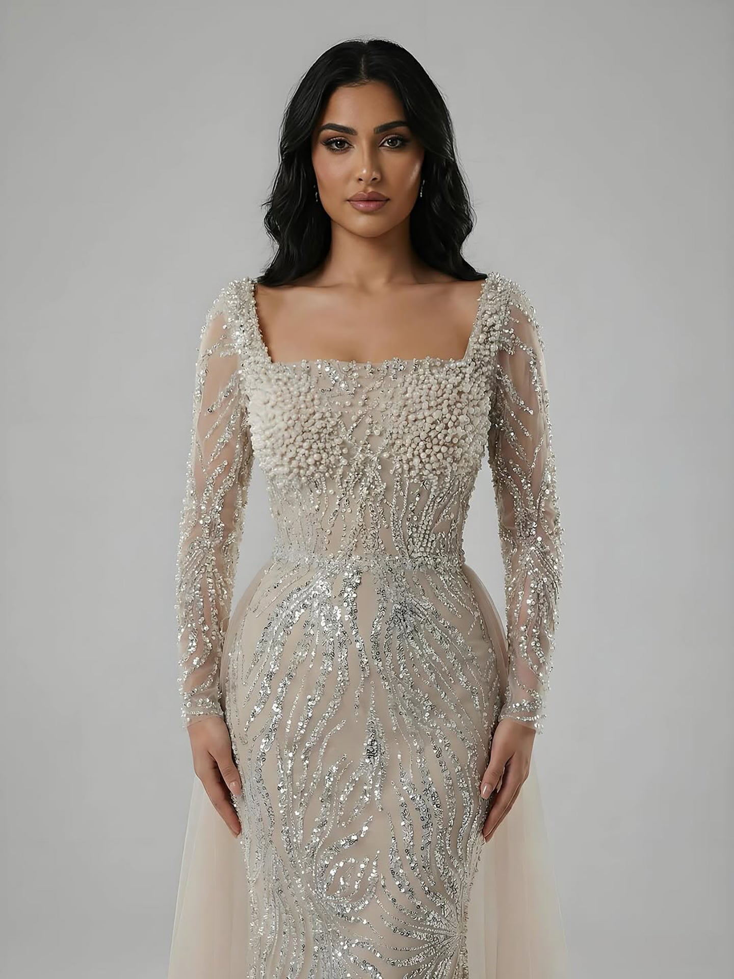 Luxury Saudi Arabic Beige Pearl Beaded Mermaid Evening Dress LA72634B