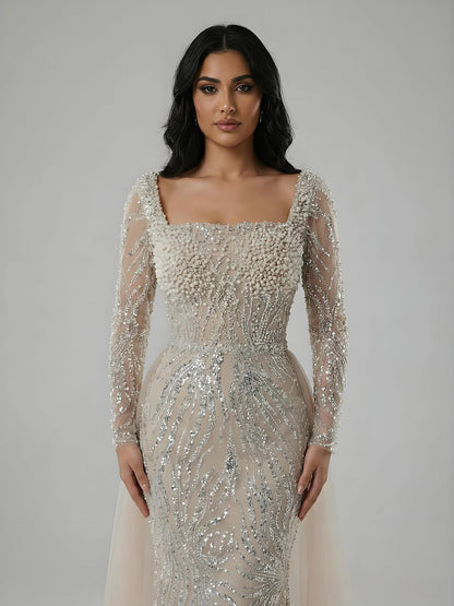 Luxury Saudi Arabic Beige Pearl Beaded Mermaid Evening Dress LA72634B