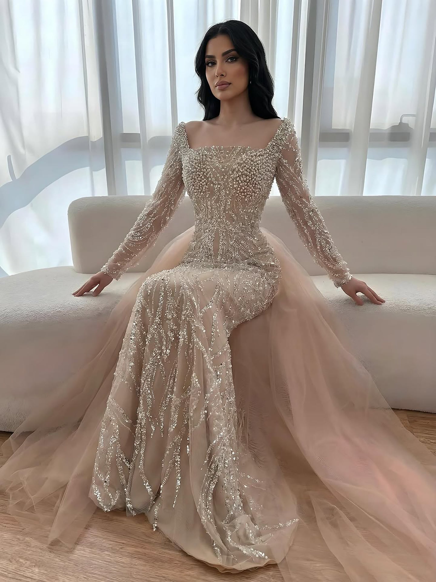 Luxury Saudi Arabic Beige Pearl Beaded Mermaid Evening Dress LA72634B Beige / 14