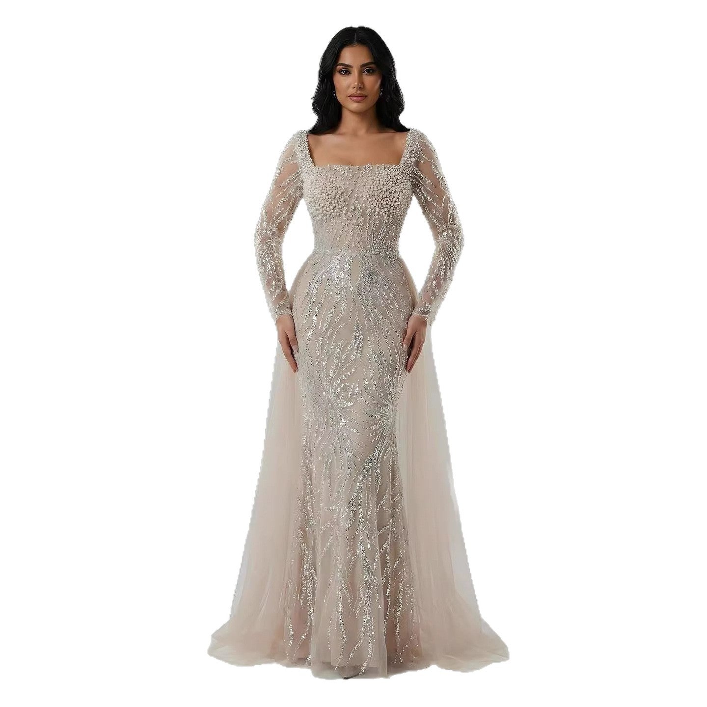 Luxury Saudi Arabic Beige Pearl Beaded Mermaid Evening Dress LA72634B