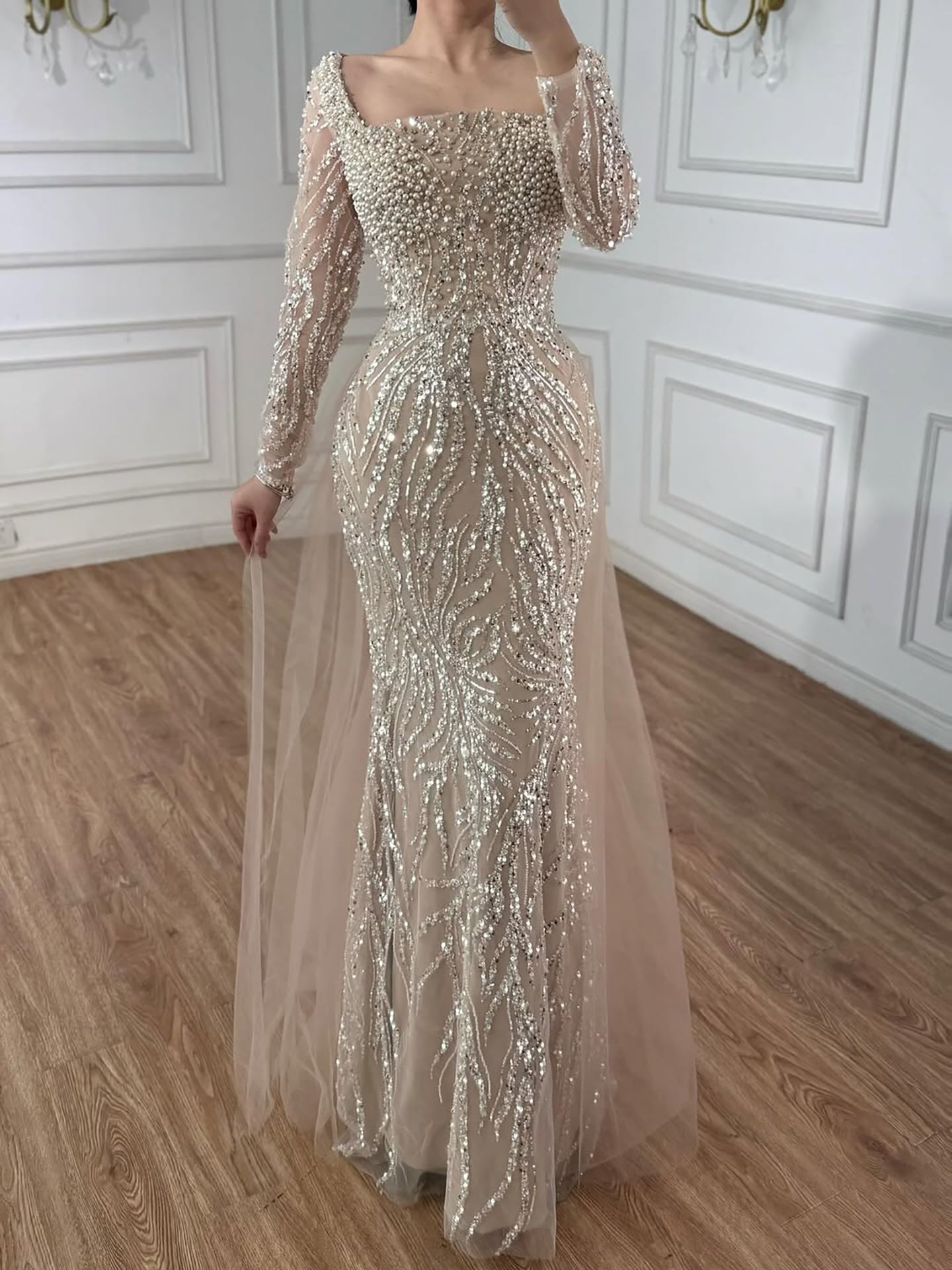 Luxury Saudi Arabic Beige Pearl Beaded Mermaid Evening Dress LA72634B Beige / 14
