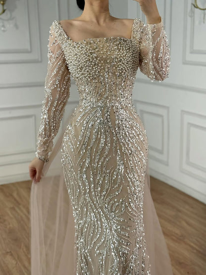 Luxury Saudi Arabic Beige Pearl Beaded Mermaid Evening Dress LA72634B