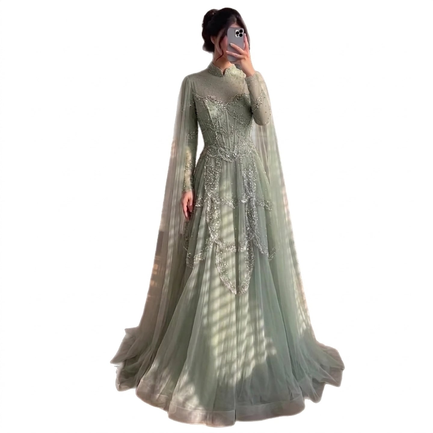 Luxury Sage Green Beaded Evening Dress with Cape LA72605B - SERENE  HILL