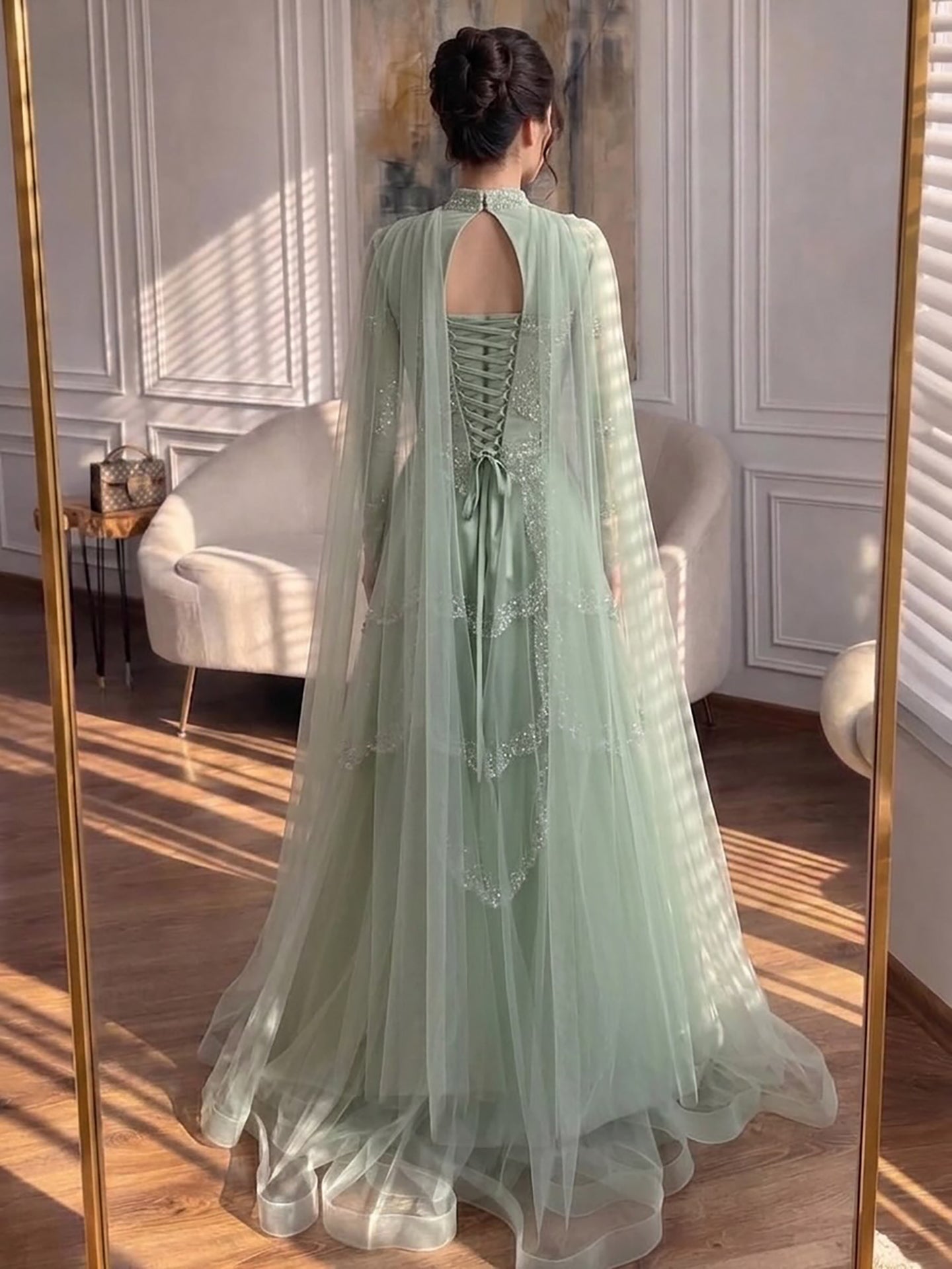 Luxury Sage Green Beaded Evening Dress with Cape LA72605B - SERENE  HILL
