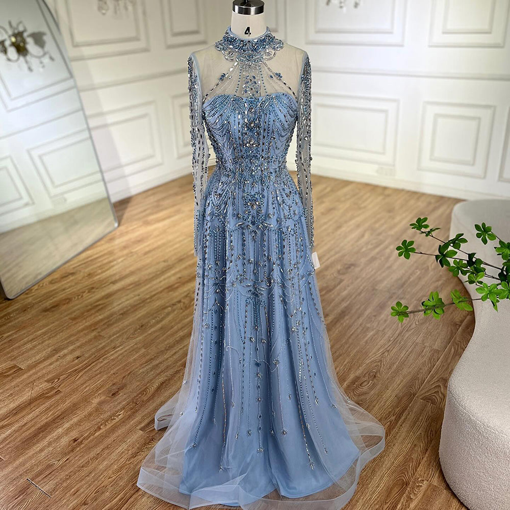 Luxury Dubai Designer Modest A-Line Blue Lace Beaded Evening Dresses LA72704