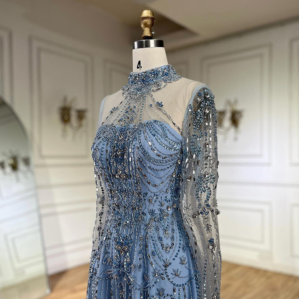 Luxury Dubai Designer Modest A-Line Blue Lace Beaded Evening Dresses LA72704 - SERENE  HILL