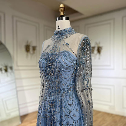 Luxury Dubai Designer Modest A-Line Blue Lace Beaded Evening Dresses LA72704 - SERENE  HILL