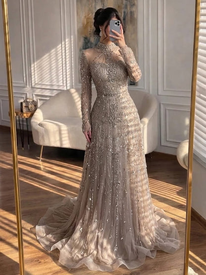 Luxury Dubai Designer Modest A-Line Blue Lace Beaded Evening Dresses LA72704 - SERENE  HILL