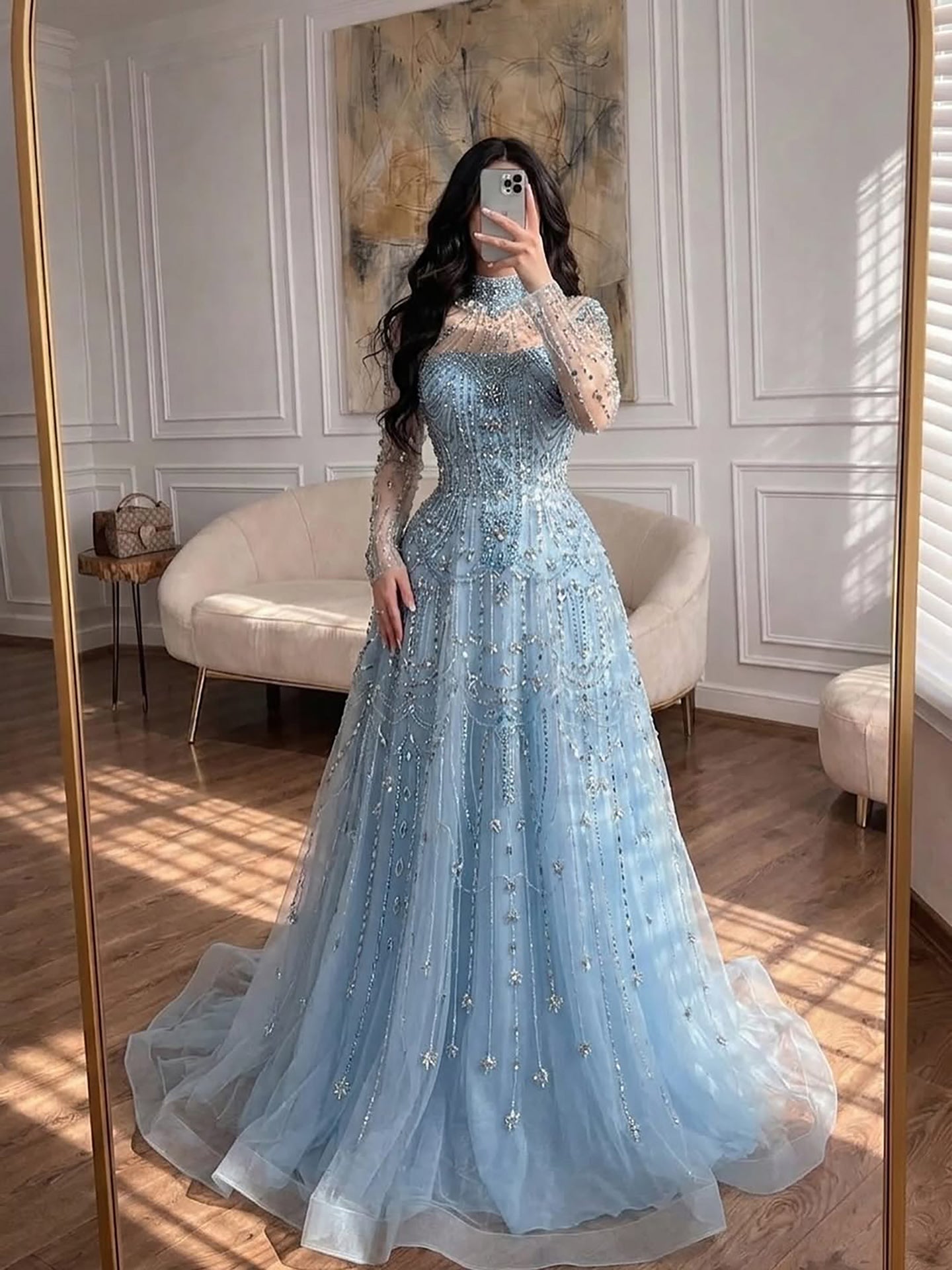 Luxury Dubai Designer Modest A-Line Blue Lace Beaded Evening Dresses LA72704 - SERENE  HILL