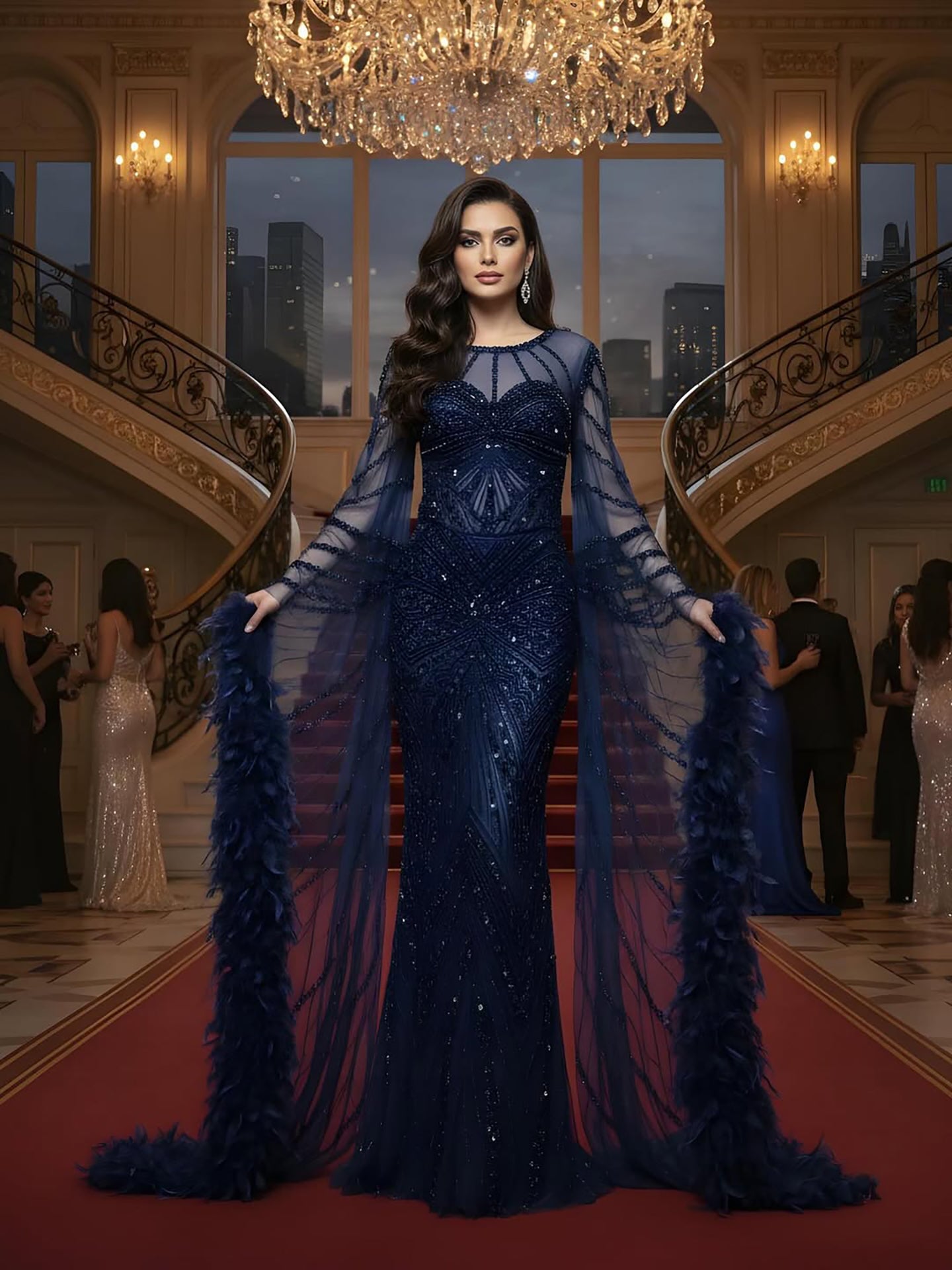 Luxury Modest Pink Feathers Long Cape Sleeves Mermaid Evening Dress LA72708A