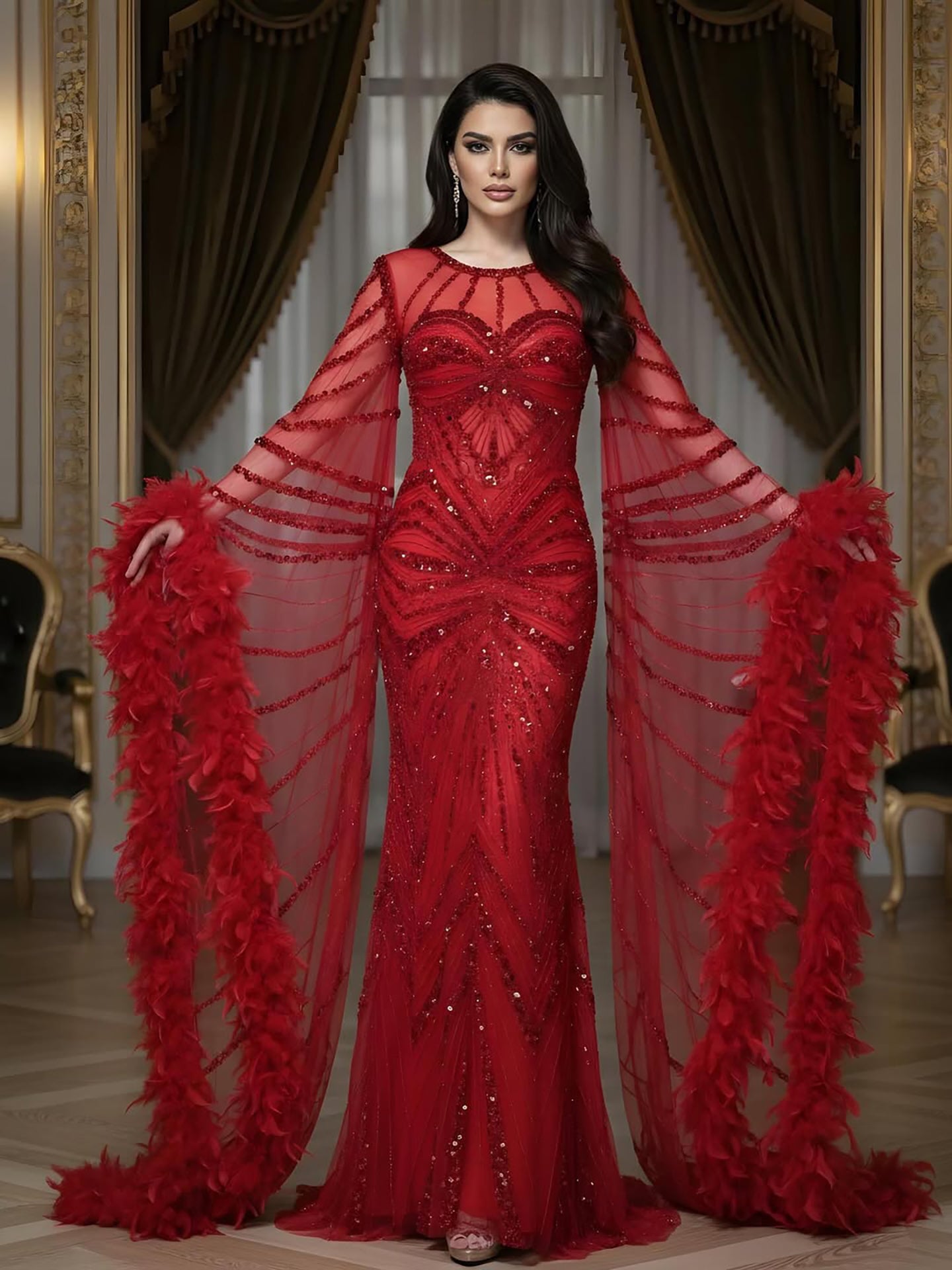 Luxury Modest Pink Feathers Long Cape Sleeves Mermaid Evening Dress LA72708A