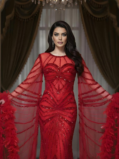 Luxury Modest Pink Feathers Long Cape Sleeves Mermaid Evening Dress LA72708A