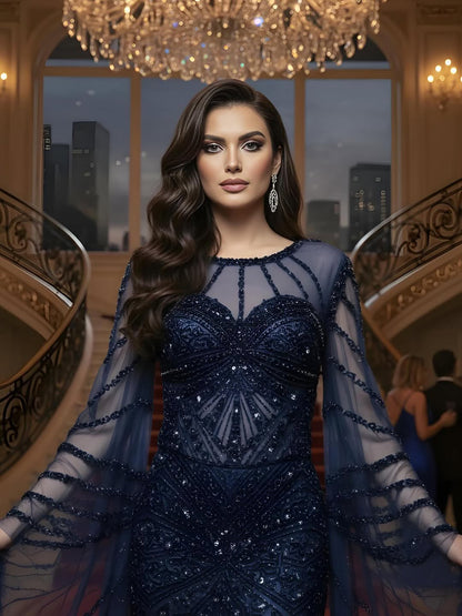 Luxury Modest Pink Feathers Long Cape Sleeves Mermaid Evening Dress LA72708A