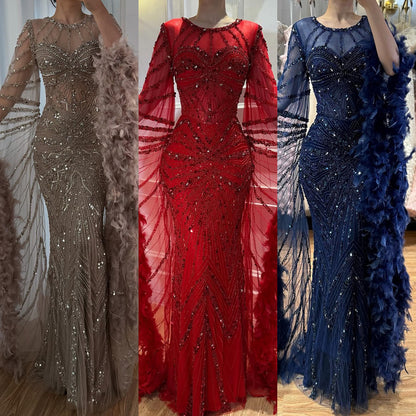 Luxury Modest Pink Feathers Long Cape Sleeves Mermaid Evening Dress LA72708A - SERENE  HILL