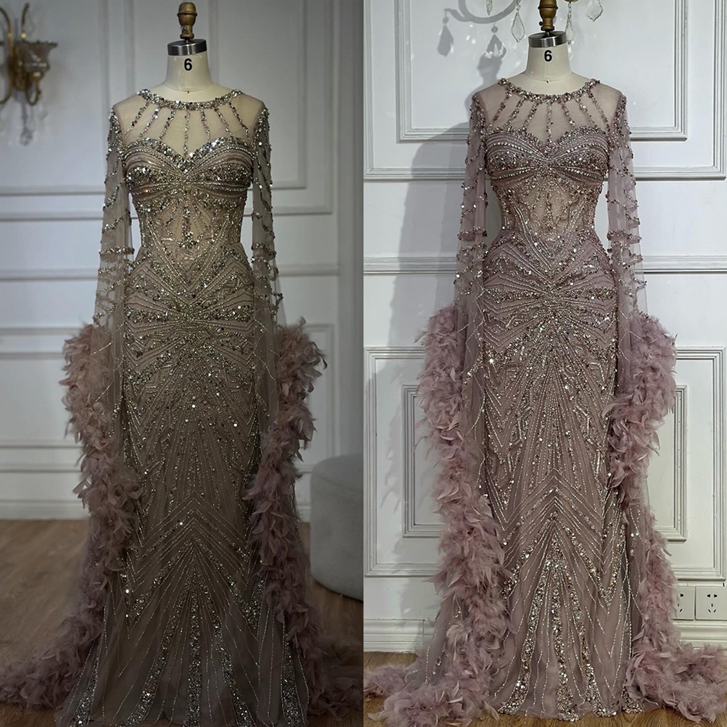 Luxury Modest Pink Feathers Long Cape Sleeves Mermaid Evening Dress LA72708A - SERENE  HILL