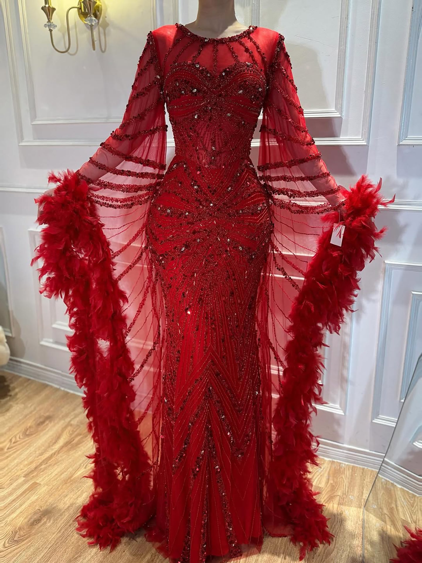 Luxury Modest Pink Feathers Long Cape Sleeves Mermaid Evening Dress LA72708A - SERENE  HILL