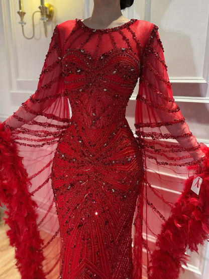 Luxury Modest Pink Feathers Long Cape Sleeves Mermaid Evening Dress LA72708A - SERENE  HILL